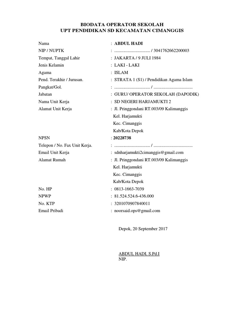 Format Biodata Operator Sekolah