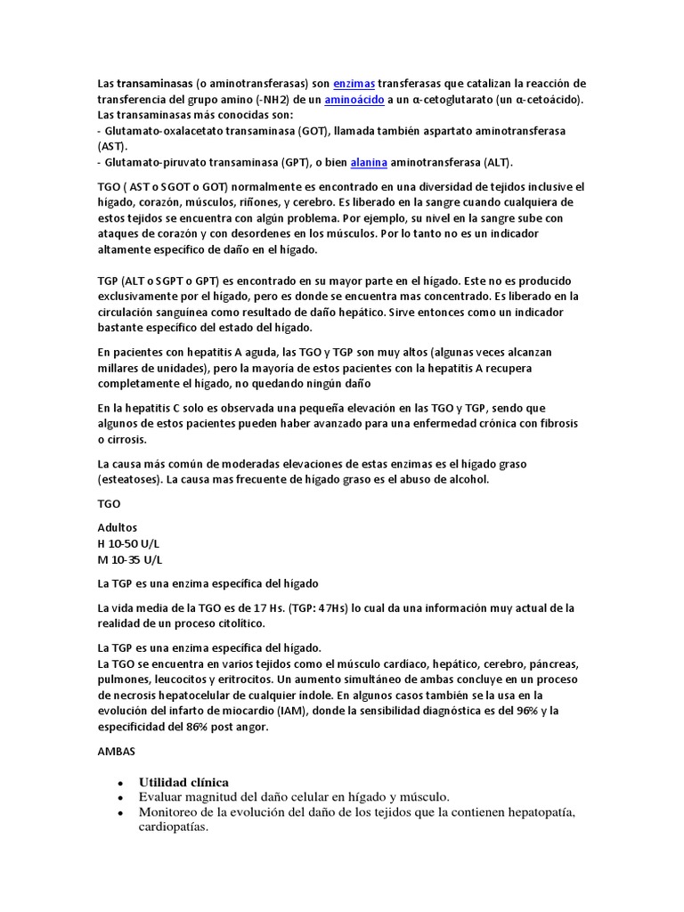 Transaminasas: AST y ALT en salud hepática | PDF | Transaminasa ...