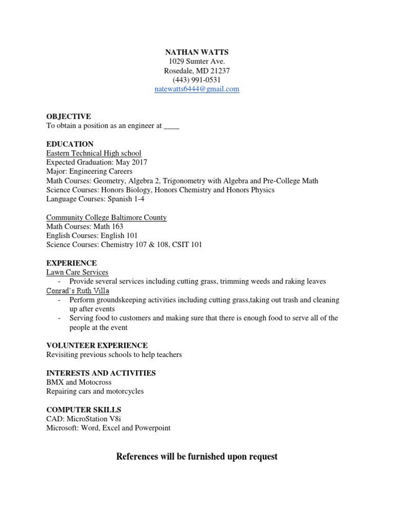 Nathan Watts References Will Be Furnished Upon Request PDF