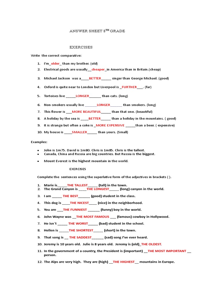 8th Grade Comparative and Superlative Exercises | PDF