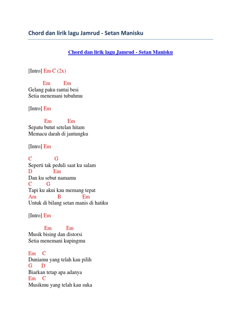 Chord Dan Lirik Lagu Jamrud Setan Manisku PDF
