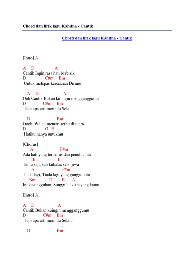 Chord Dan Lirik Lagu Kahitna Cantik PDF Seni & Disiplin Bahasa Seni