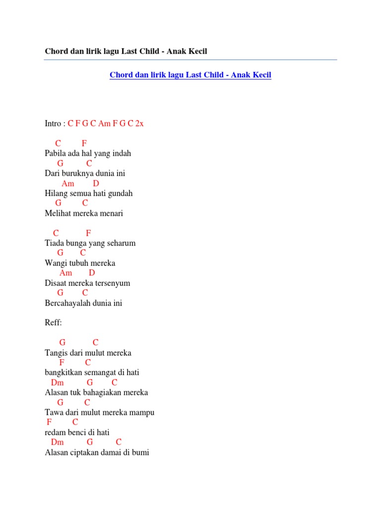 Chord Dan Lirik Lagu Last Child Anak Kecil