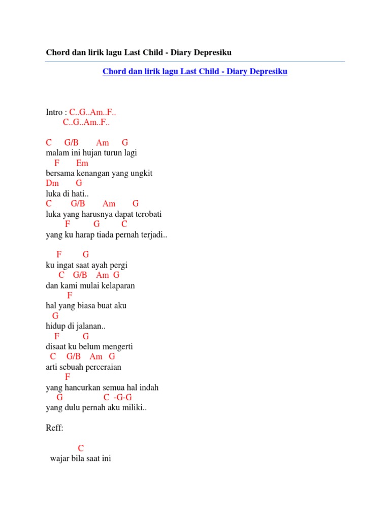 Chord Dan Lirik Lagu Last Child Diary Depresiku