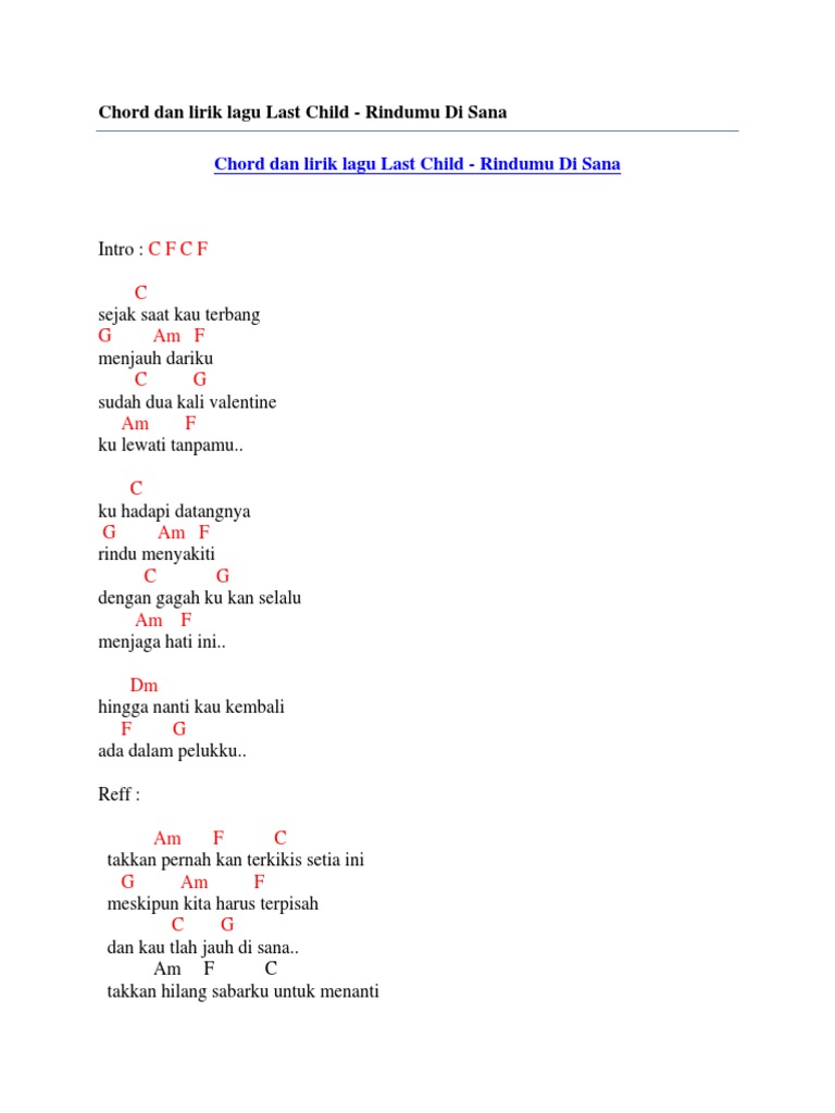 Chord Dan Lirik Lagu Last Child Rindumu Di Sana