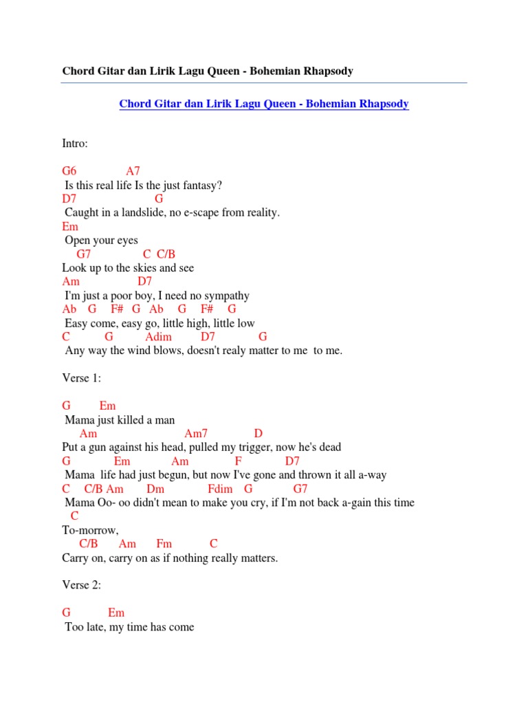 Chord Gitar Dan Lirik Lagu Queen Bohemian Rhapsody Song Structure Songs