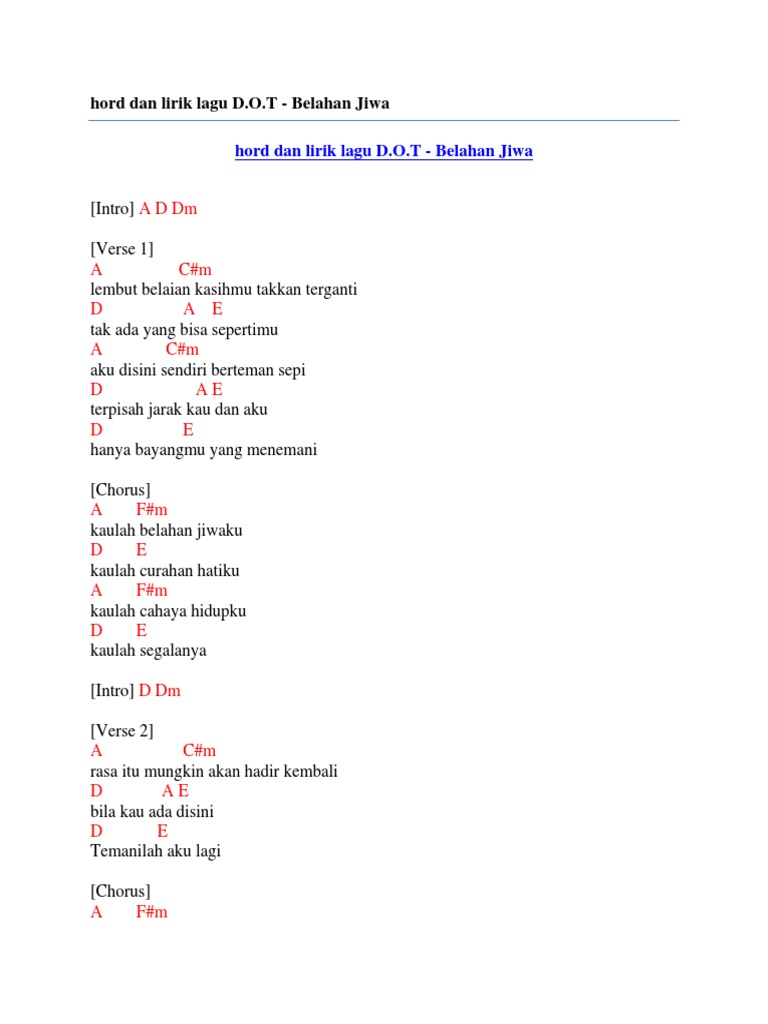 Hord Dan Lirik Lagu D O T Belahan Jiwa Pdf
