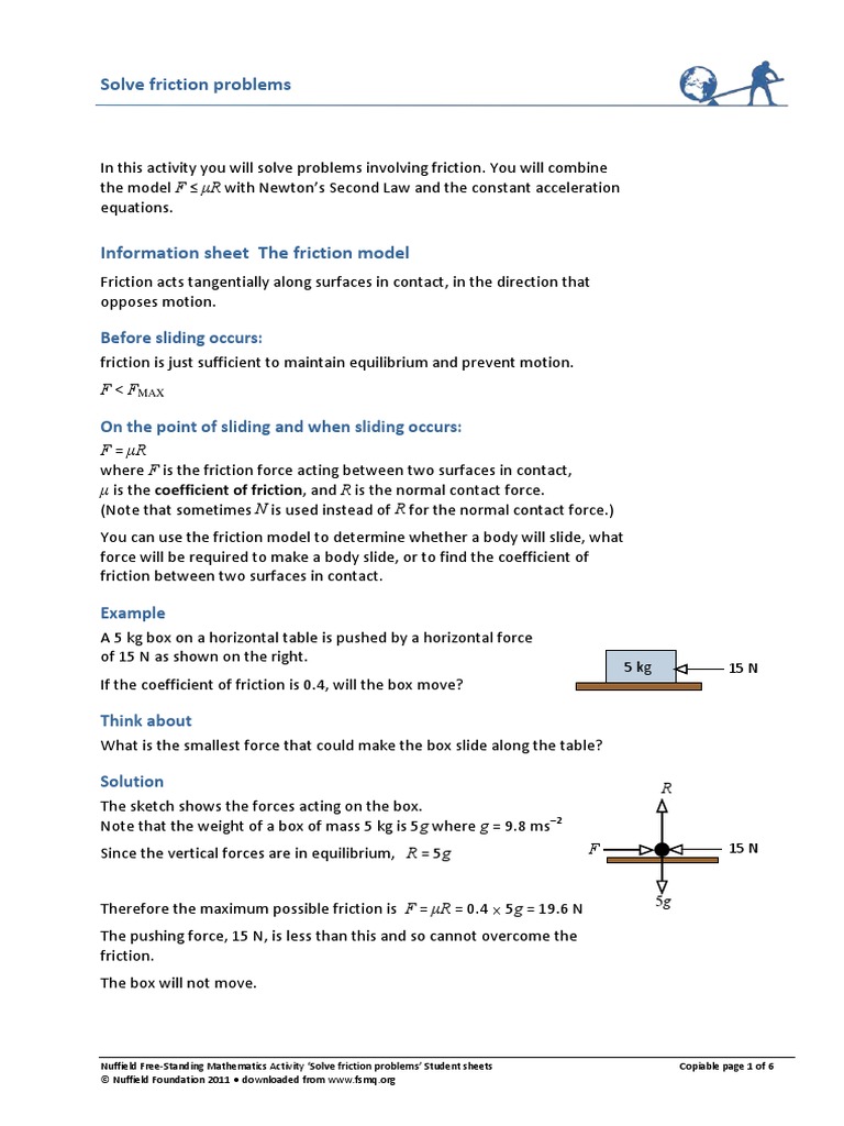 FSMA Solve Friction Problems Student PDF | PDF
