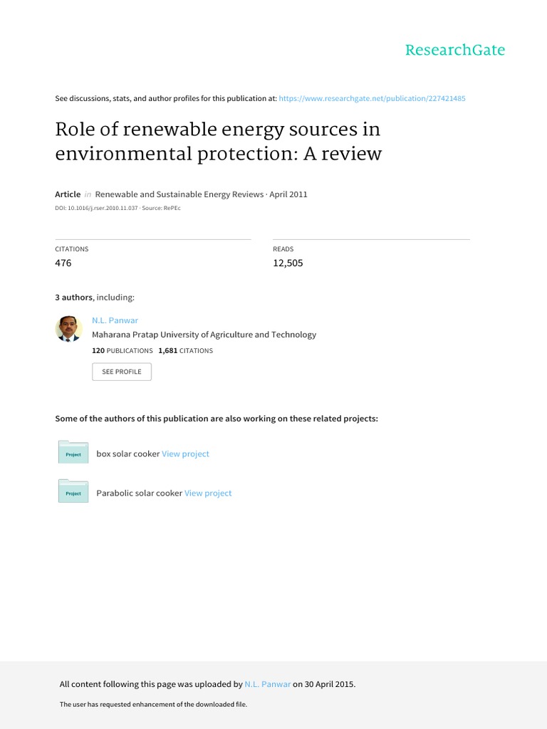 Role of Renewable Energy Sources in Environmental Protection A Review ...
