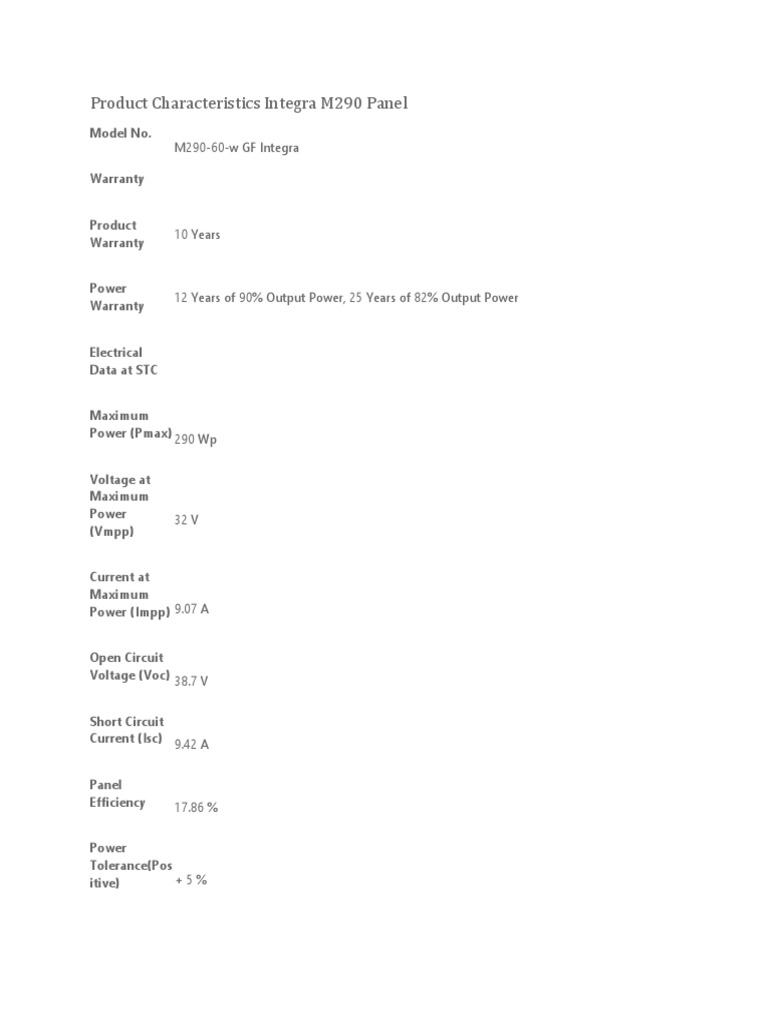 Integra M290 Solar Panel Specs | PDF | Electrical Components | Materials