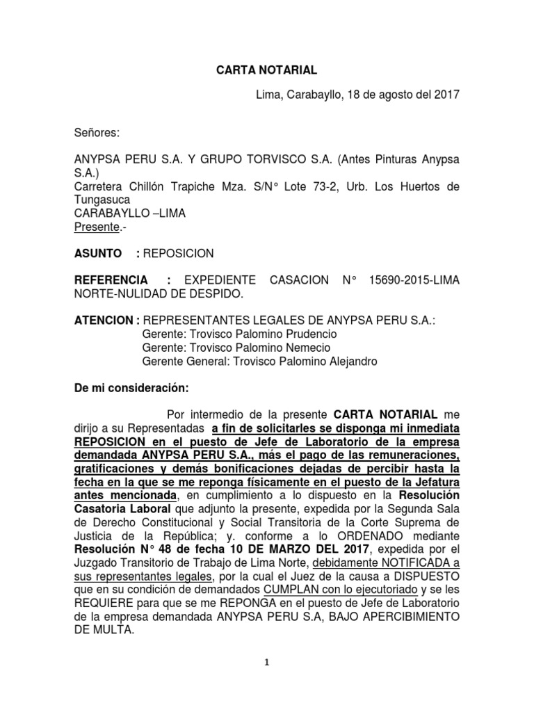 Carta Notarial sobre despido  Esfera pública  Ley Pública