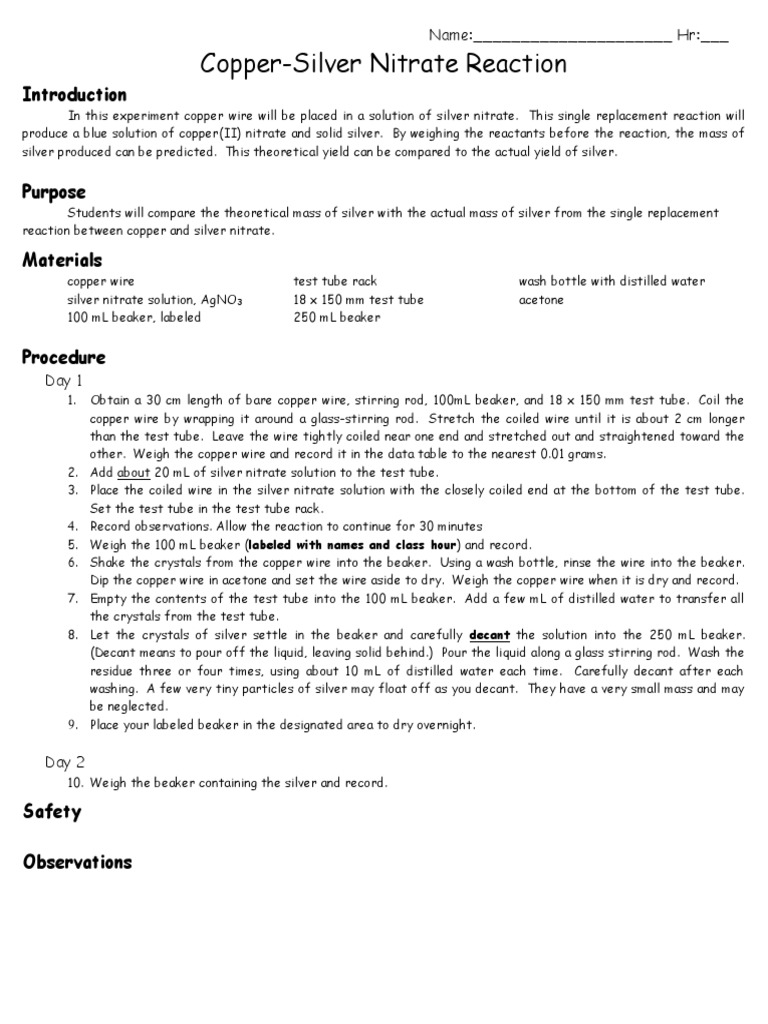 Copper-Silver Nitrate Reaction Lab | PDF | Silver | Copper