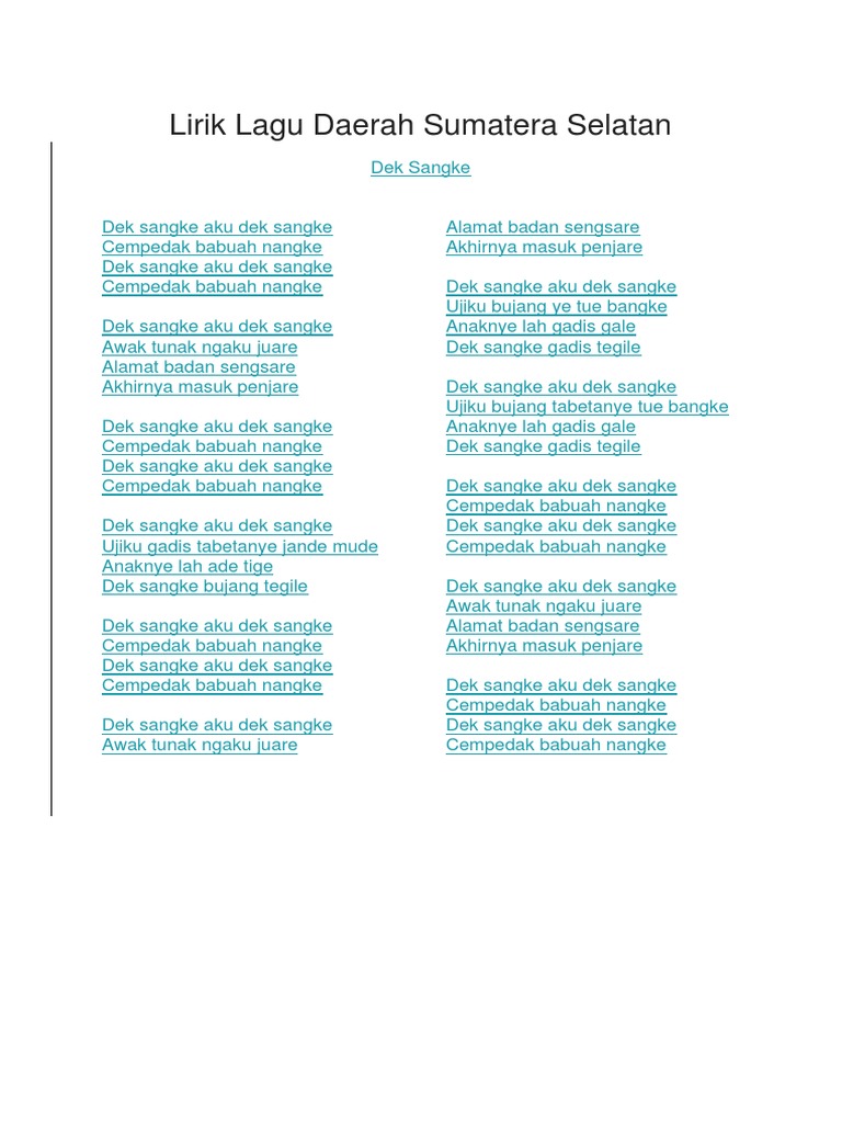 Lirik Lagu Daerah Sumatera Selatan