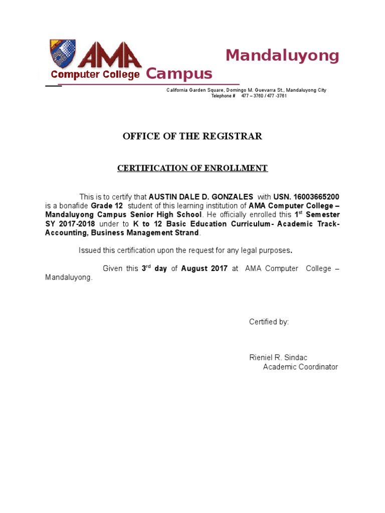 Certification of Enrollment Examples | PDF | College | Traditions