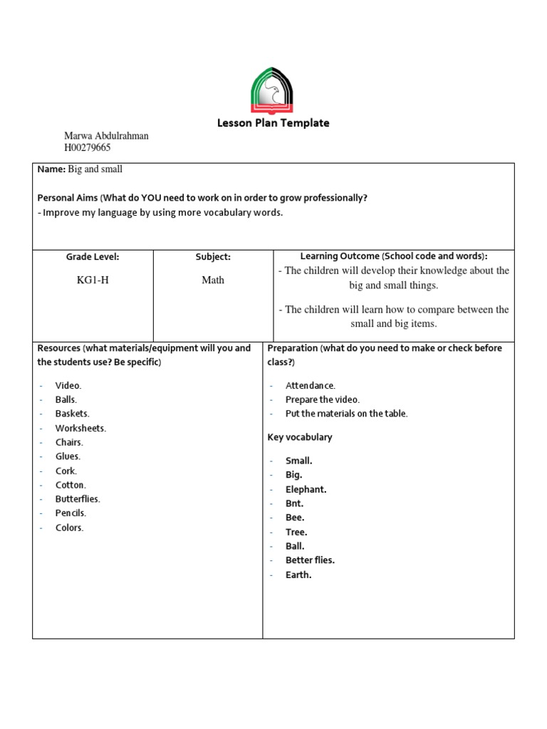 KG1 Math Lesson: Big and Small Concepts | PDF | Lesson Plan | Education ...