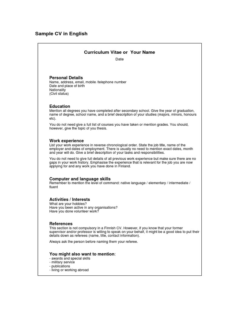 English CV Sample and Guidelines | PDF | Academic Degree | Employment