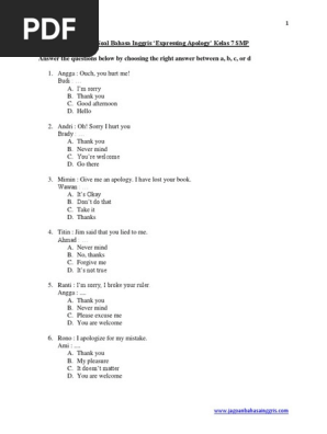 Soal Bahasa Inggris Expressing Apology Kelas 7 Smp Docx