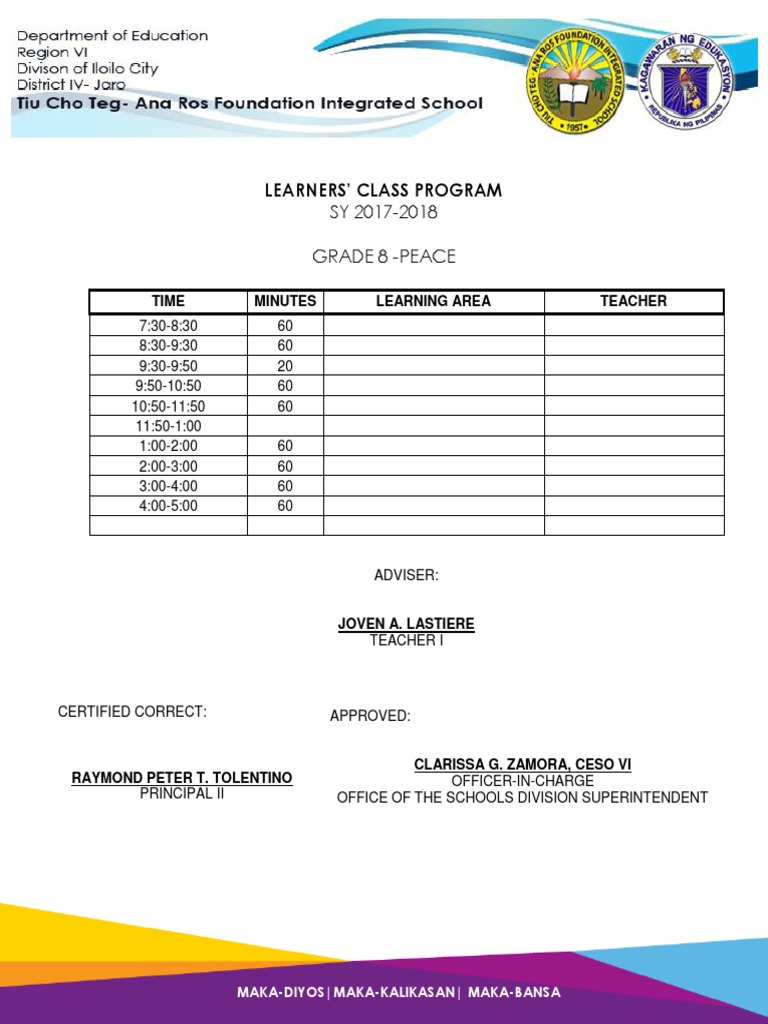 Grade 8 Class Program SY 2017-2018 | PDF