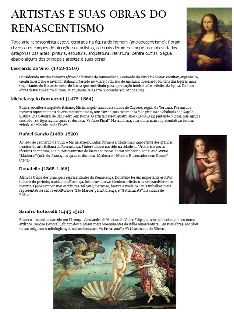 Artistas e Suas Obras Do Renascentismo | PDF | Renascimento | Leonardo ...