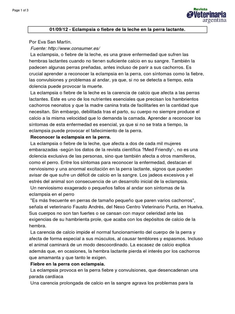 Eclampsia o Fiebre de La Leche en La Perra Lactante PDF Perros