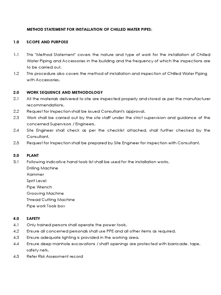 Method Statement For Chilled Water Pipes PDF Pipe (Fluid Conveyance