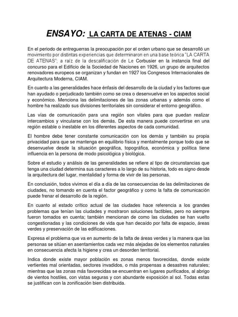 Ensayo Carta de Atenas - Ciam  Ciudad  Transporte  Free 