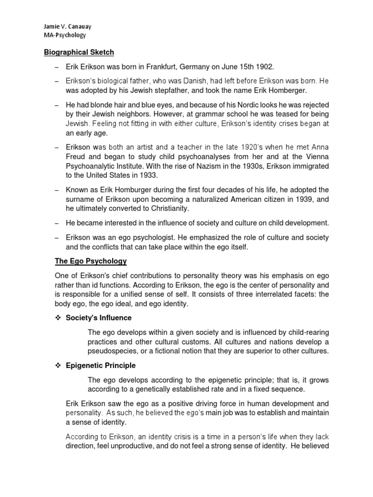 Erik Erikson An Ego Theory of Personality Handouts PDF Id Ego Psychology