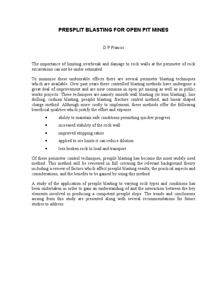 Presplit Blasting Techniques in Mining | PDF