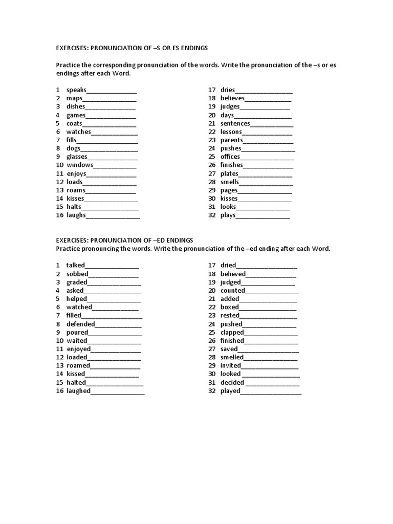 Exercises 1 Y 2 Pronunciation Word Ending S Or Ed Languages Language Arts Discipline