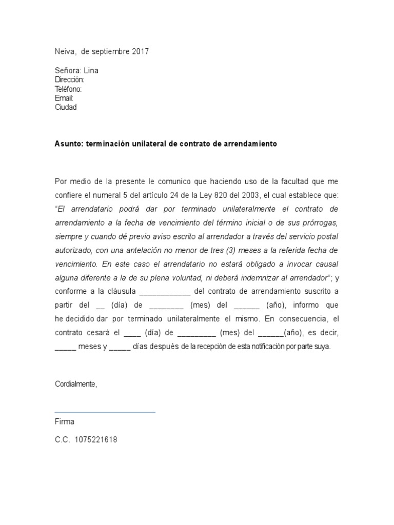 Carta de Terminacion de Contrato Arrendo