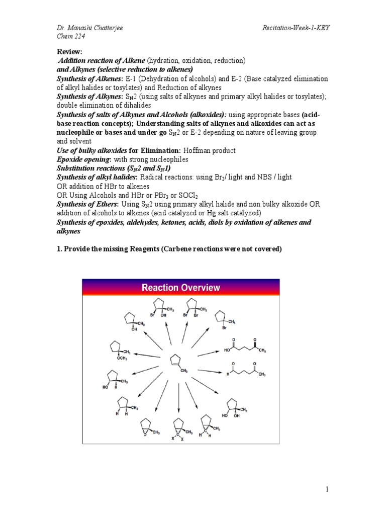 Chem 224 Week 1 Reactions Key | PDF | Alkene | Alcohol