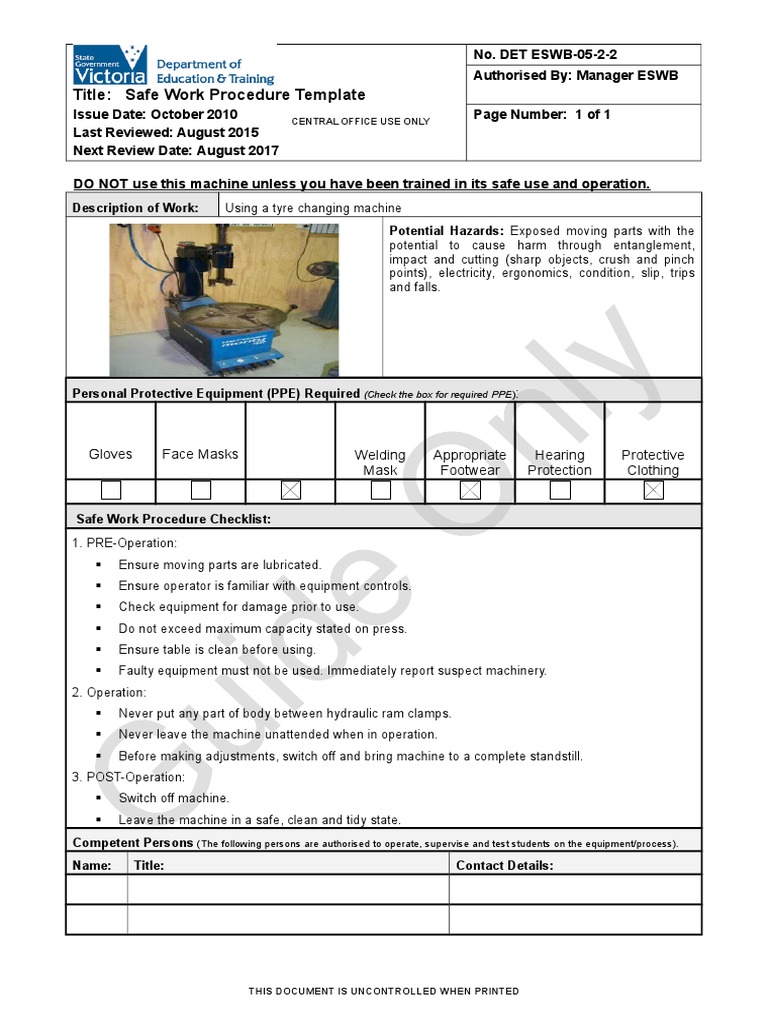 Tyre Changer Procedure PDF Personal Protective Equipment Safety
