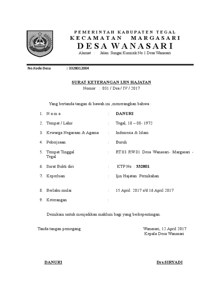 Surat Keterangan Ijin Hajatan