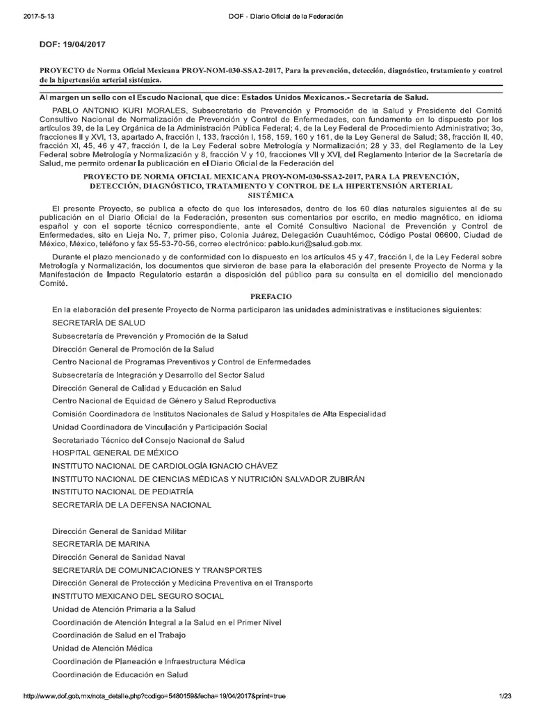 Proy Nom 030 Ssa2 2017 Hipertension PDF