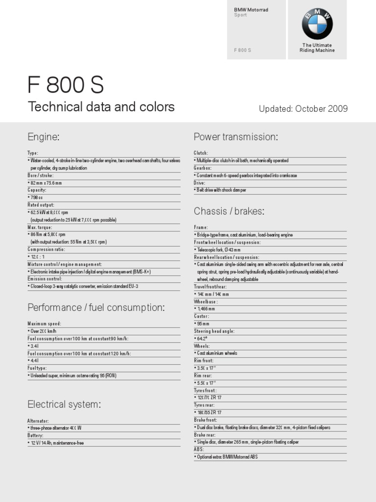 BMW f800s Datasheet | PDF | Transmission (Mechanics) | Engines