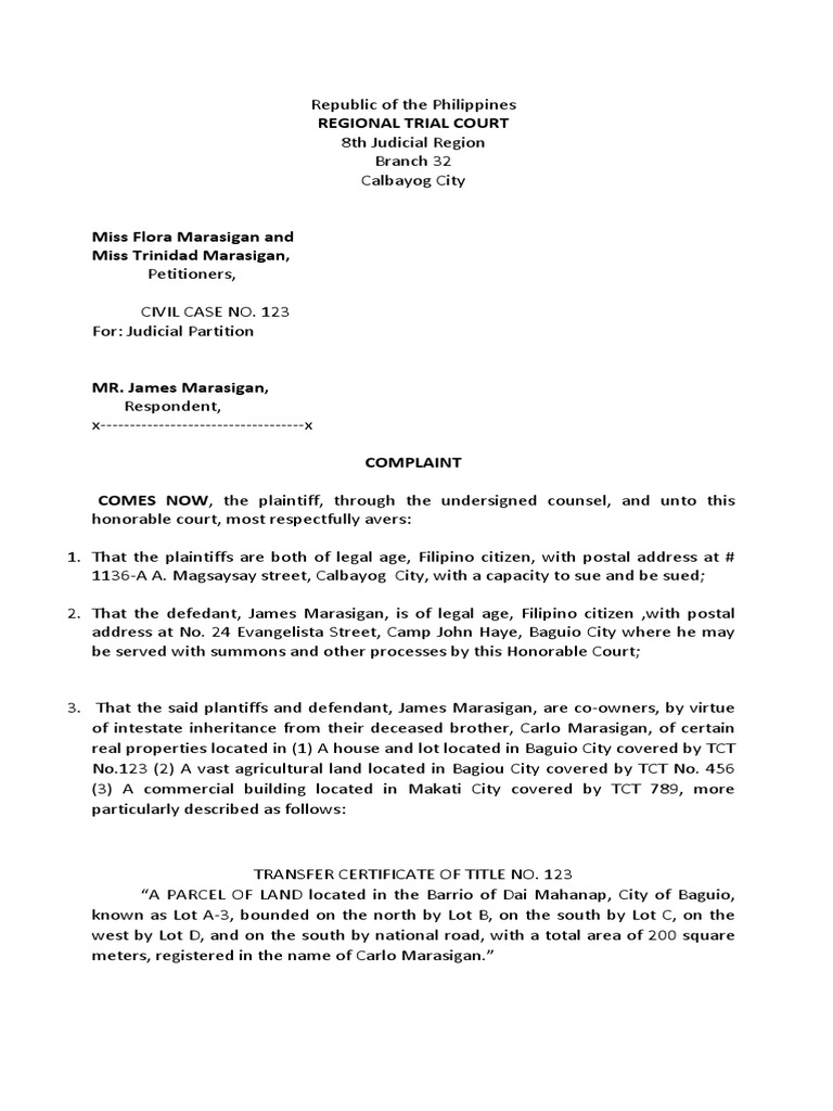 Judicial Partition of The Estate of Carlo Marasigan Lawsuit Private Law