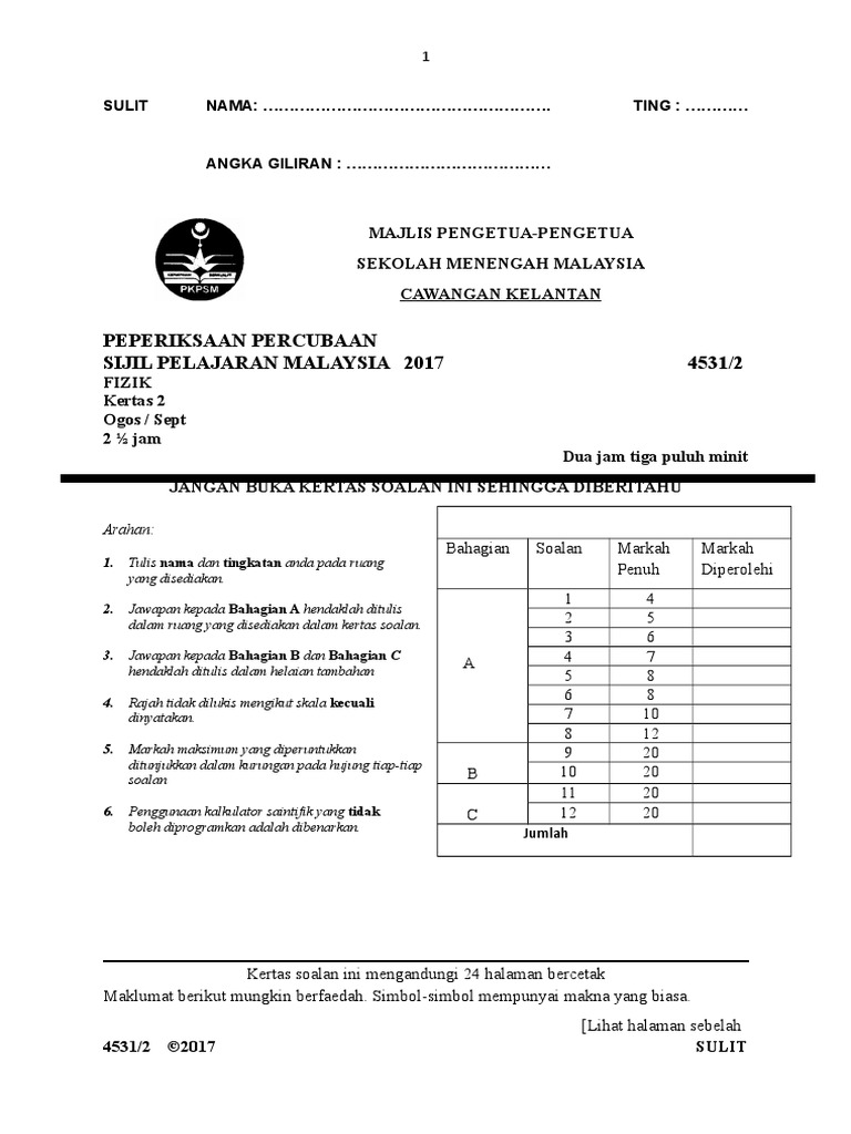 Contoh Soalan Fizik Kertas 3 Tingkatan 5 - Selangor p