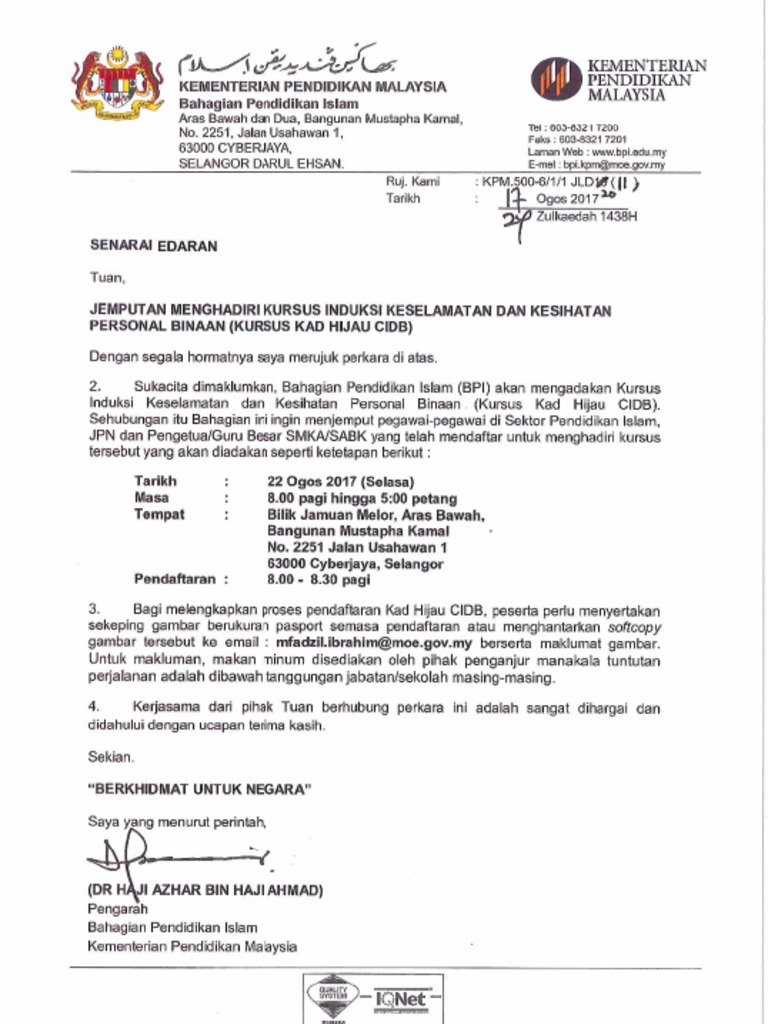 Surat Jemputan Kursus Cidb Spi Smka Dan Sabk 2017