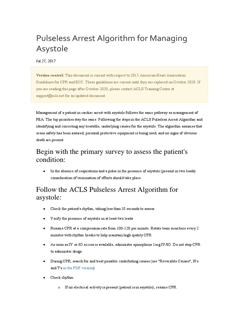 ACLS PEA Asystole Algorithm | Cardiopulmonary Resuscitation ...