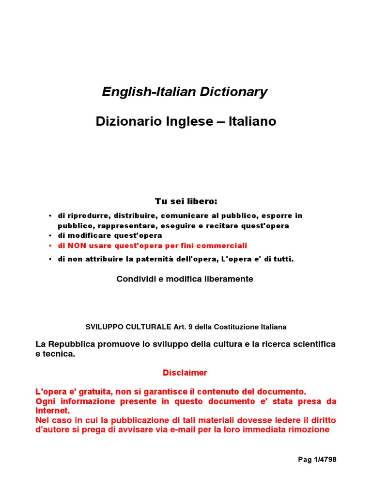 Dizionario Italiano Inglese Dictionary English Italian FREE PDF foto