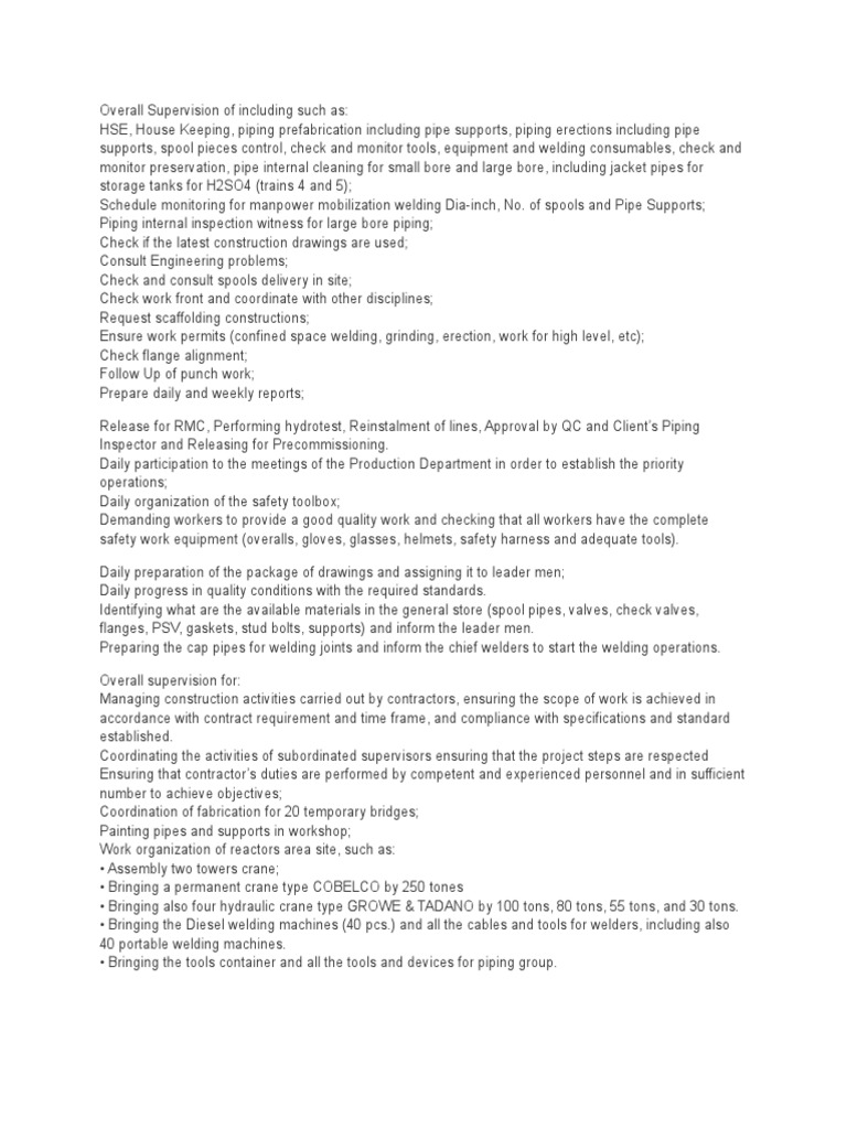 Piping Engineer Responsibilities PDF Pipe (Fluid Conveyance