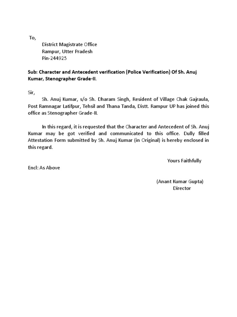 Character Verification Request for Anuj Kumar | PDF