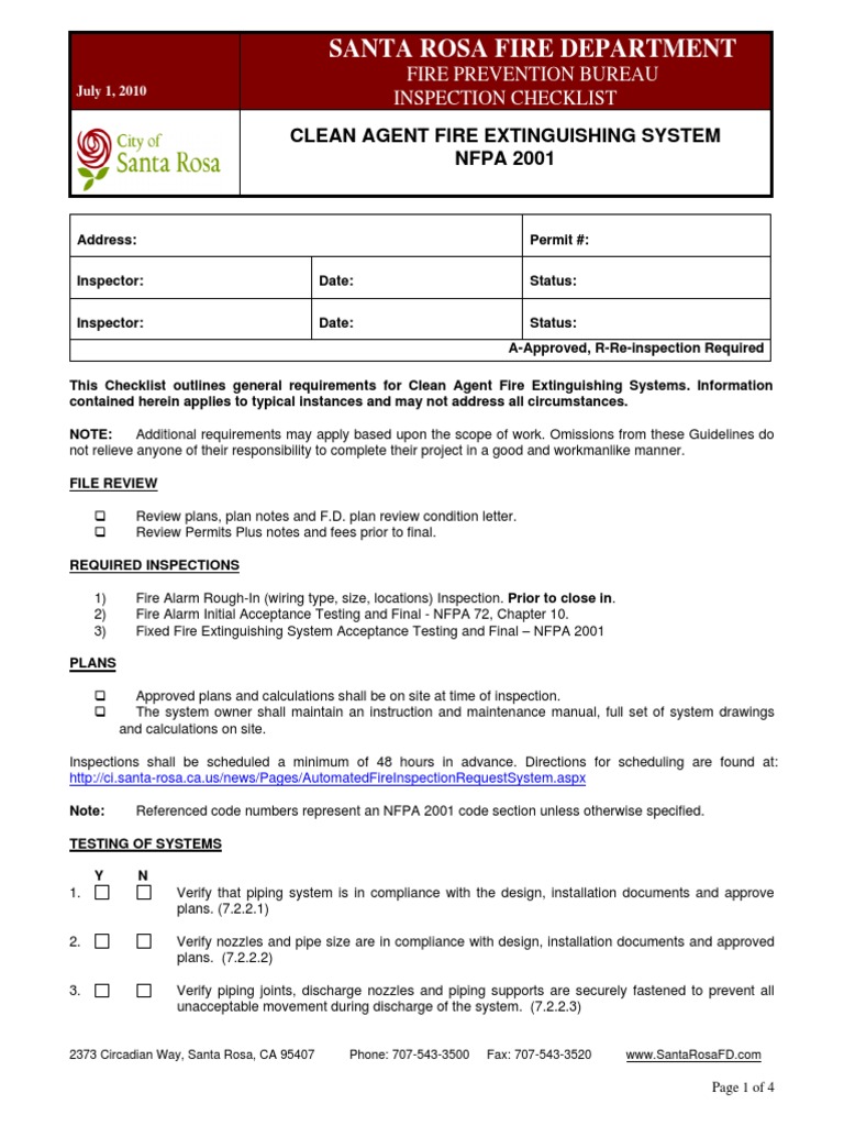 Clean Agent Suppression System Inspection Checklist PDF PDF Leak