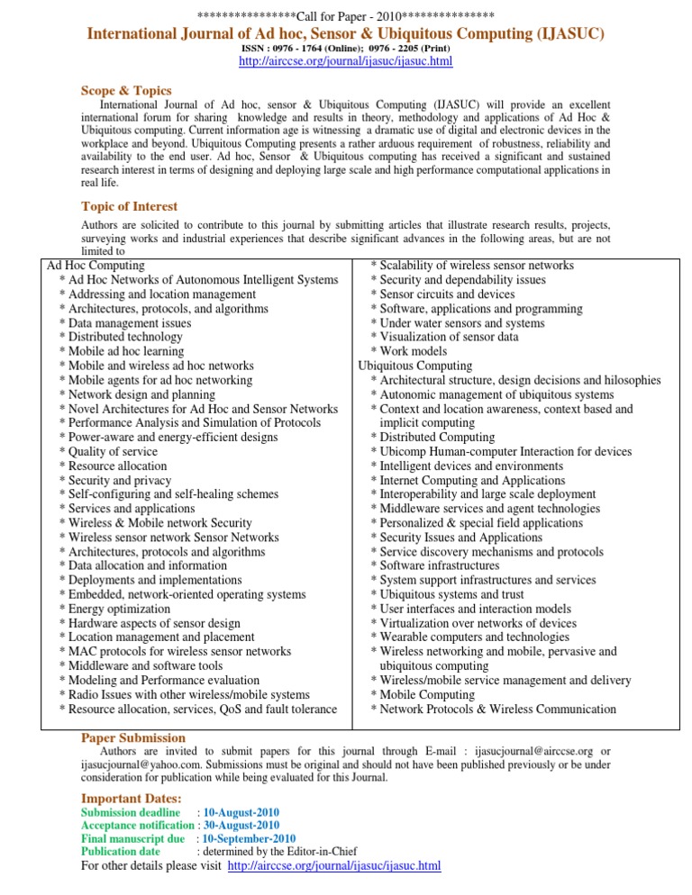 Call For Paper | PDF | Wireless Ad Hoc Network | Wireless Sensor Network