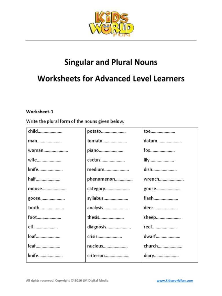 singular and plural nouns advanced worksheets pdf