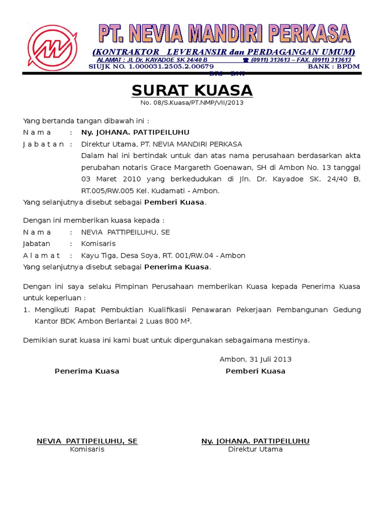 Contoh Surat Pemberian Kuasa