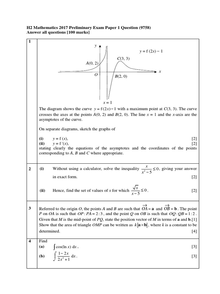 Y y F (2x) 1 H2 Mathematics 2017 Preliminary Exam Paper 1 Question