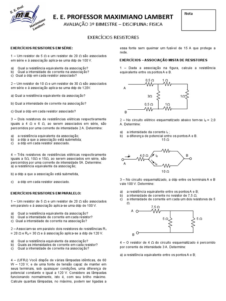 Exercícios Resistores | PDF | Resistência elétrica e condutividade ...