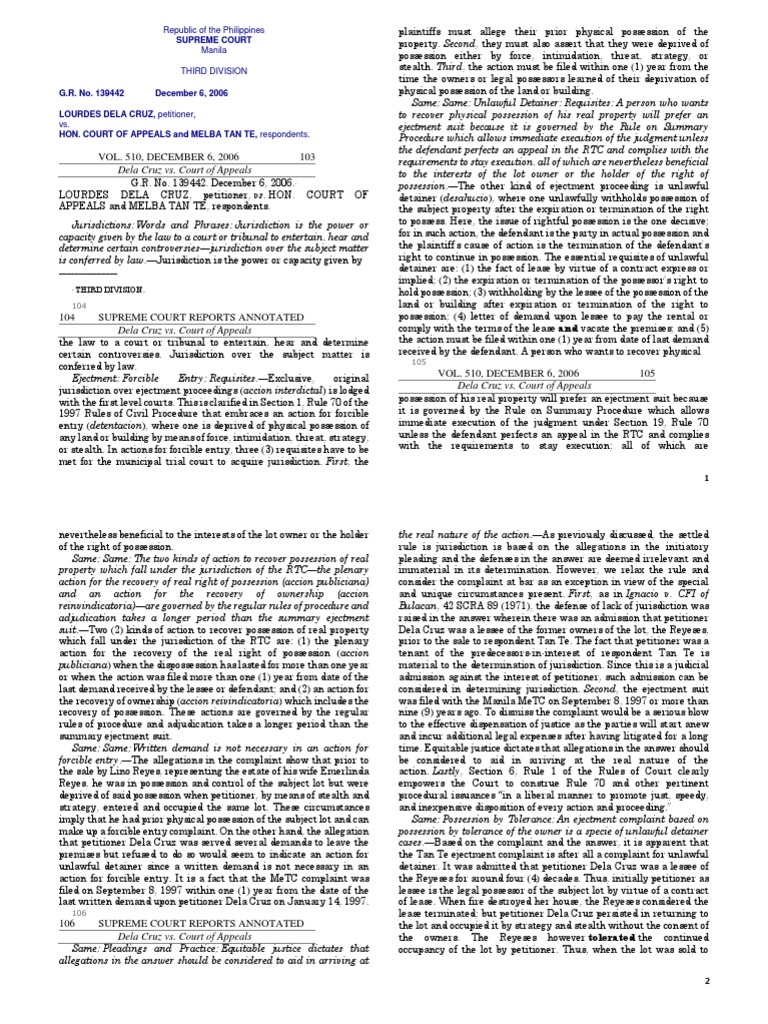 Dela Cruz v. Court of Appeals Ruling | PDF | Eviction | Lawsuit