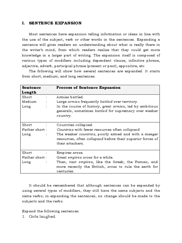 Sentence Expansion PDF Sentence (Linguistics) Subject (Grammar)